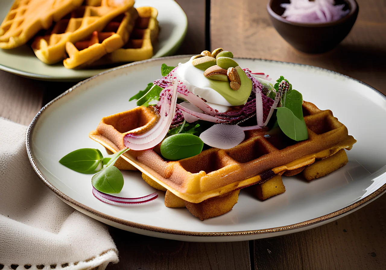 Sweet Potato Waffles with Avocado, Lamb's Lettuce and Pistachios
