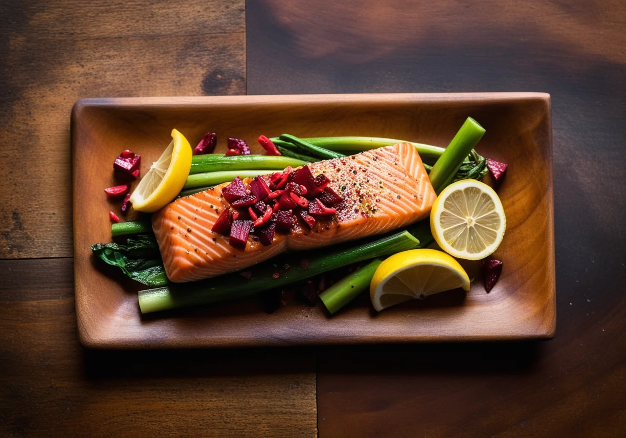 Salmon Fillet with Rhubarb Leek Onion Vegetable