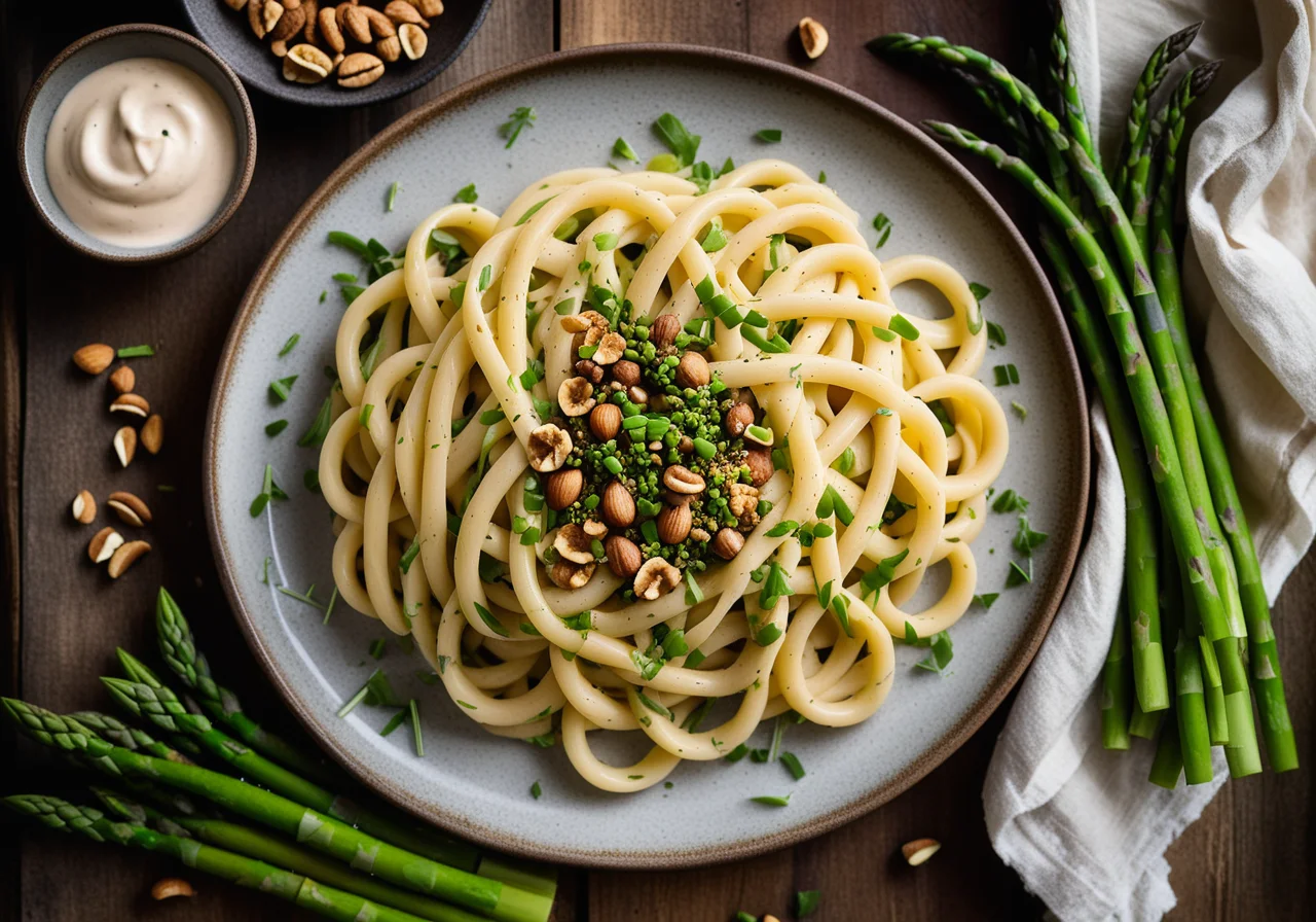 Pasta with asparagus, hazelnuts and mascarpone sauce