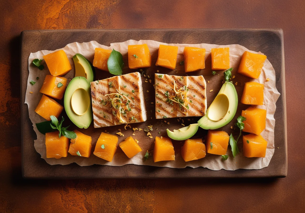 Thin fish steak with pumpkin and avocado