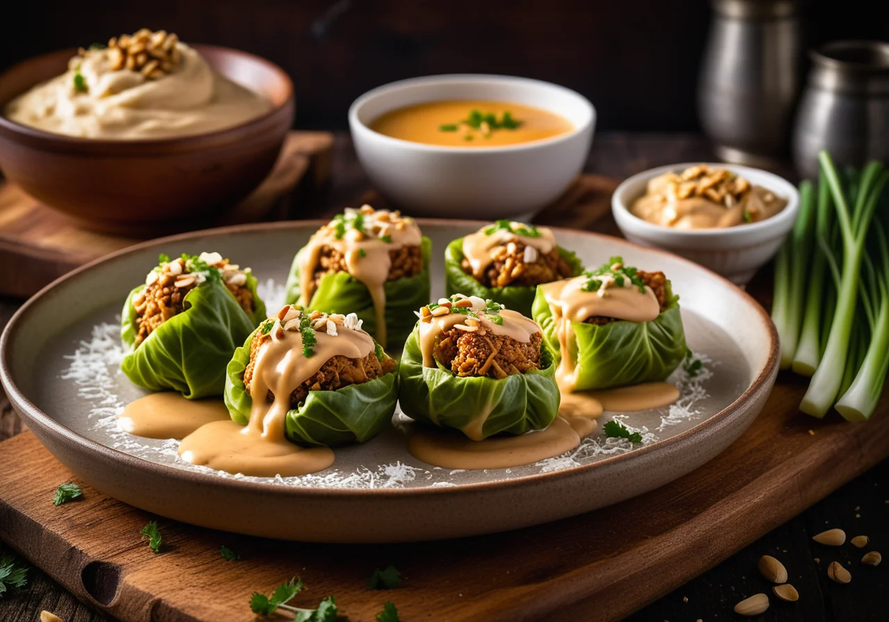 Stuffed Cabbage Rolls with Coconut Peanut Dip