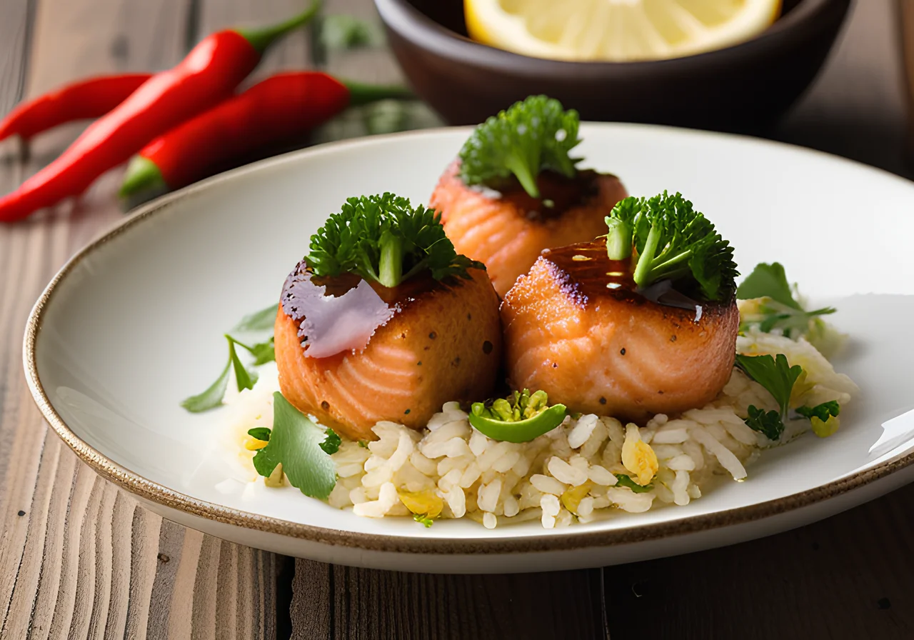 Fish Balls with Chili Sauce and Broccoli on Cilantro Lemon Rice