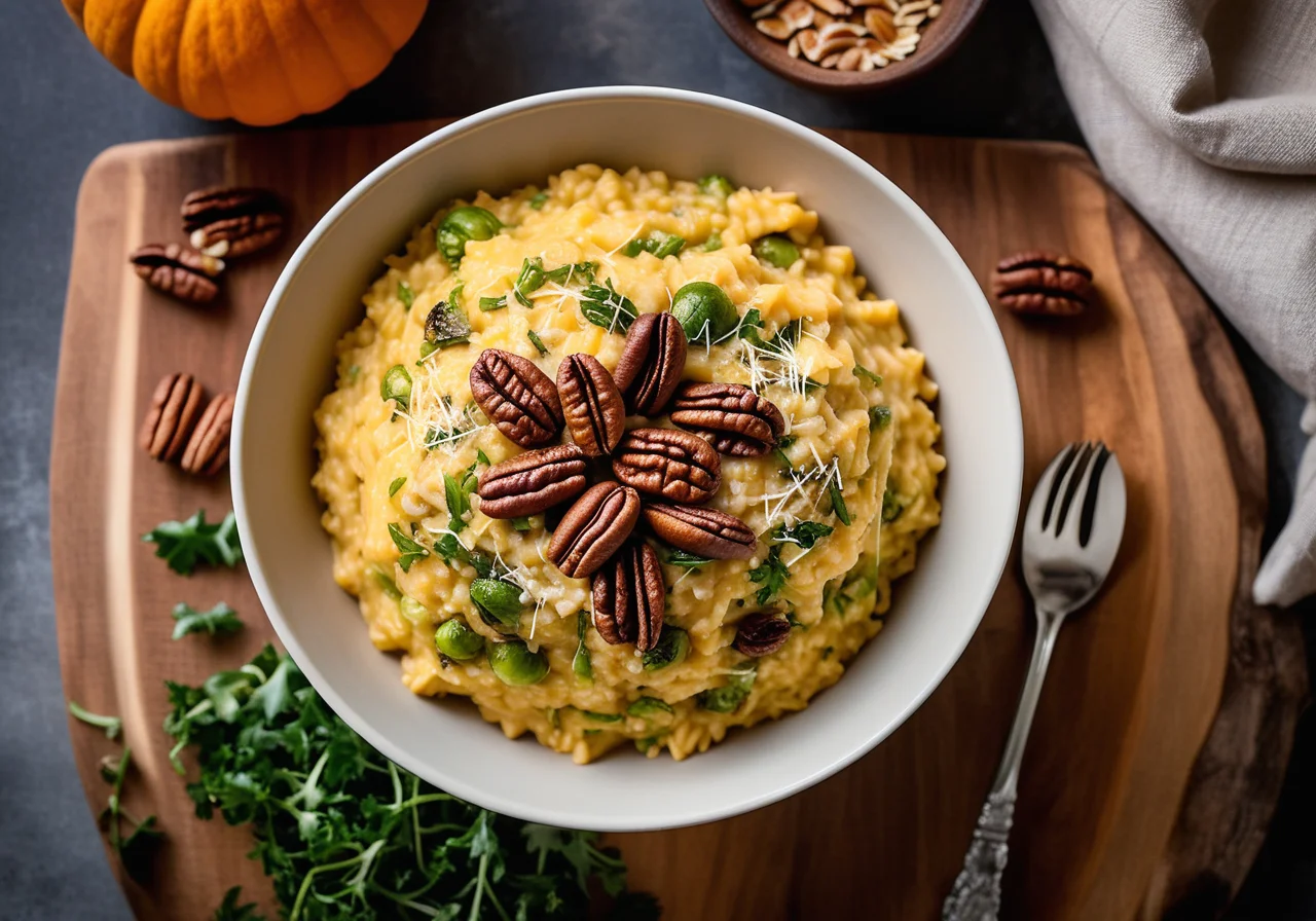 Vegan Pumpkin Risotto with Brussels Sprouts and Pecans