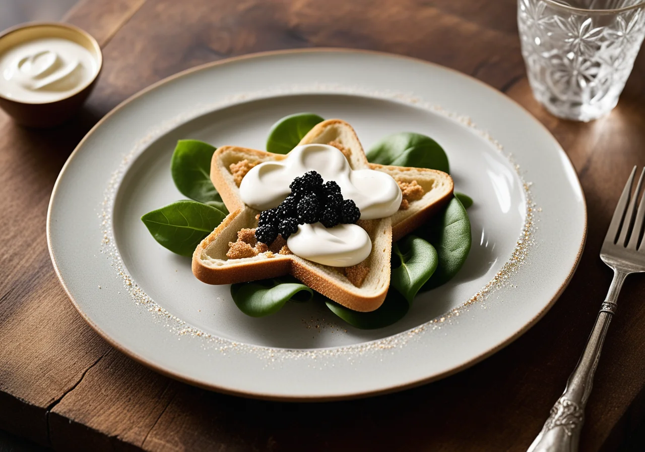 Toastbread Stars with Sour Cream, Caviar, and Lamb's Lettuce