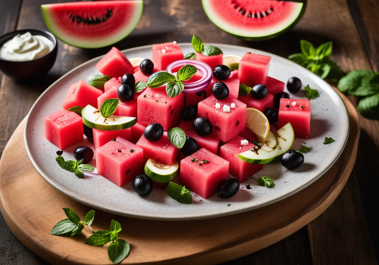 Watermelon Salad with Sheep Cheese