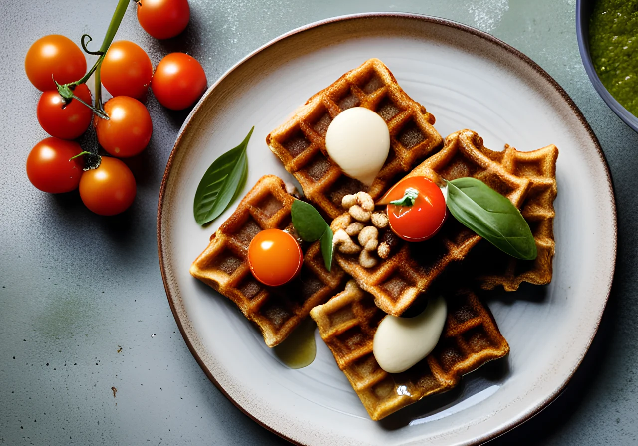 Lentil Waffles with Tomatoes, Mozzarella and Wild Garlic Pesto