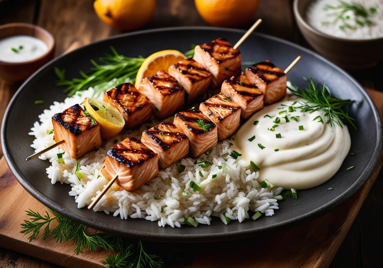 Grilled Salmon Skewers with Rice
