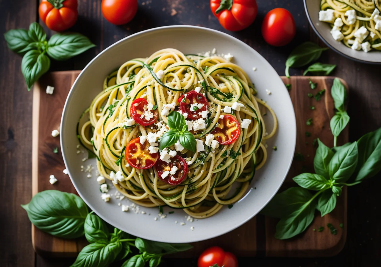 Pasta with zucchini, sun‑dried tomatoes and feta