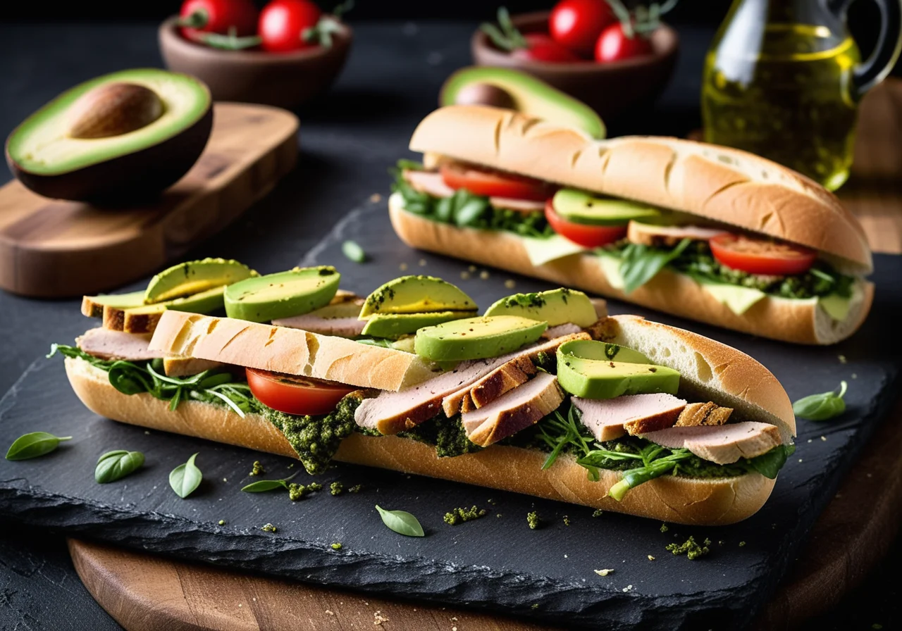 Baguette with Chicken, Arugula Pesto, Avocado and Parmesan