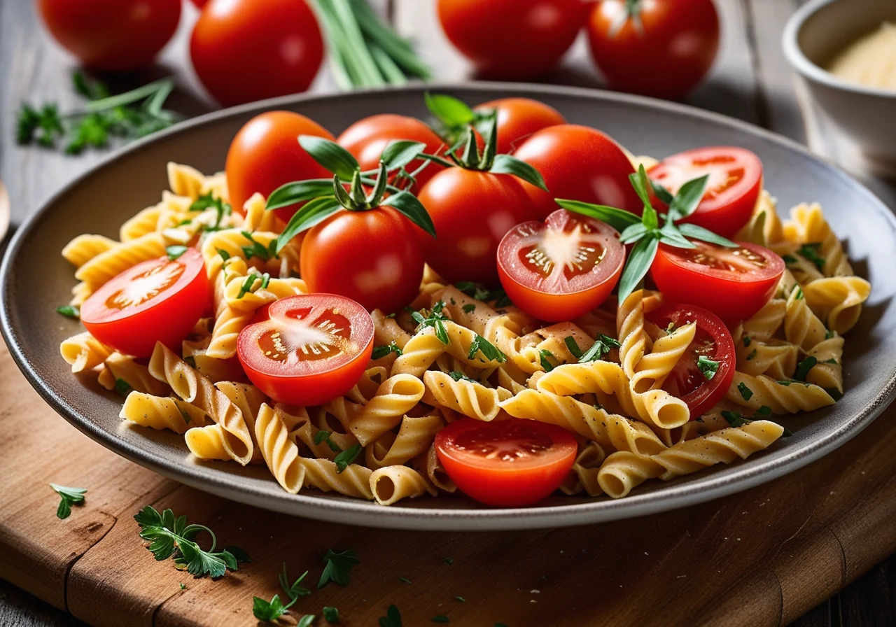 Pasta Scramble with Tomato Salad