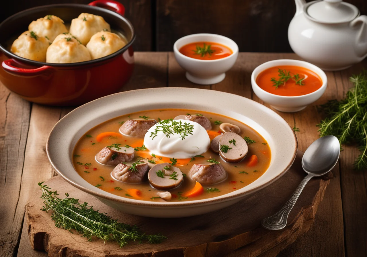 Hungarian Soup with Sausage, Mushrooms and Sour Cream