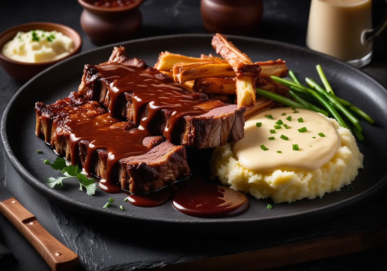Grilled Pork Ribs with Mashed Potatoes and Sauce