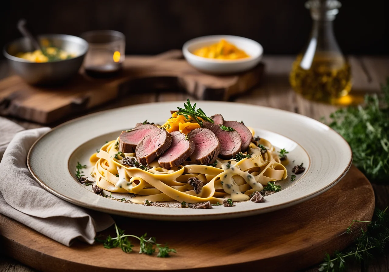 Veal Tenderloin Roast with Yellow Pasta and Morel Mushrooms