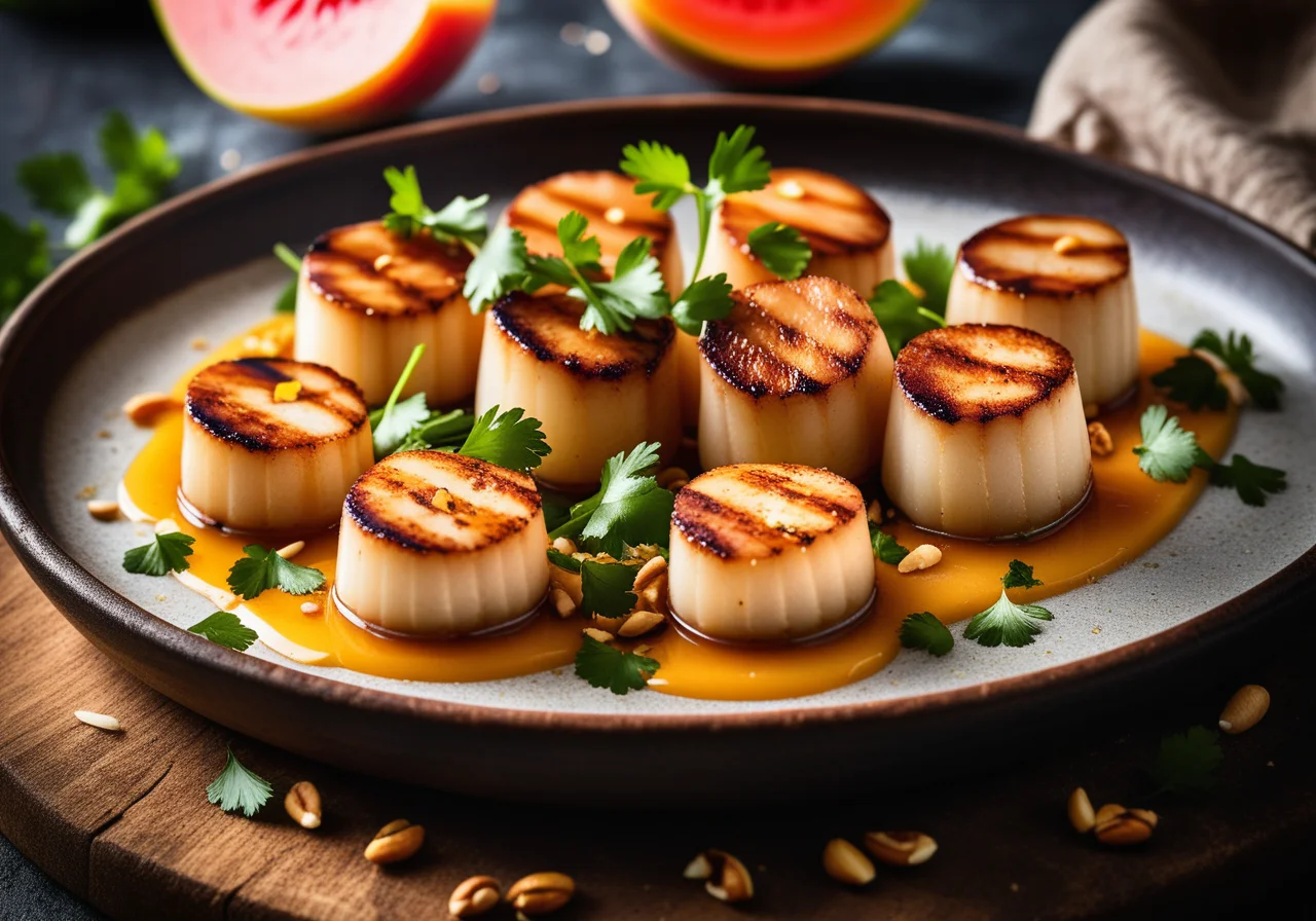 Seezungen-Scallop Skewers with Nuts and Melon Sauce