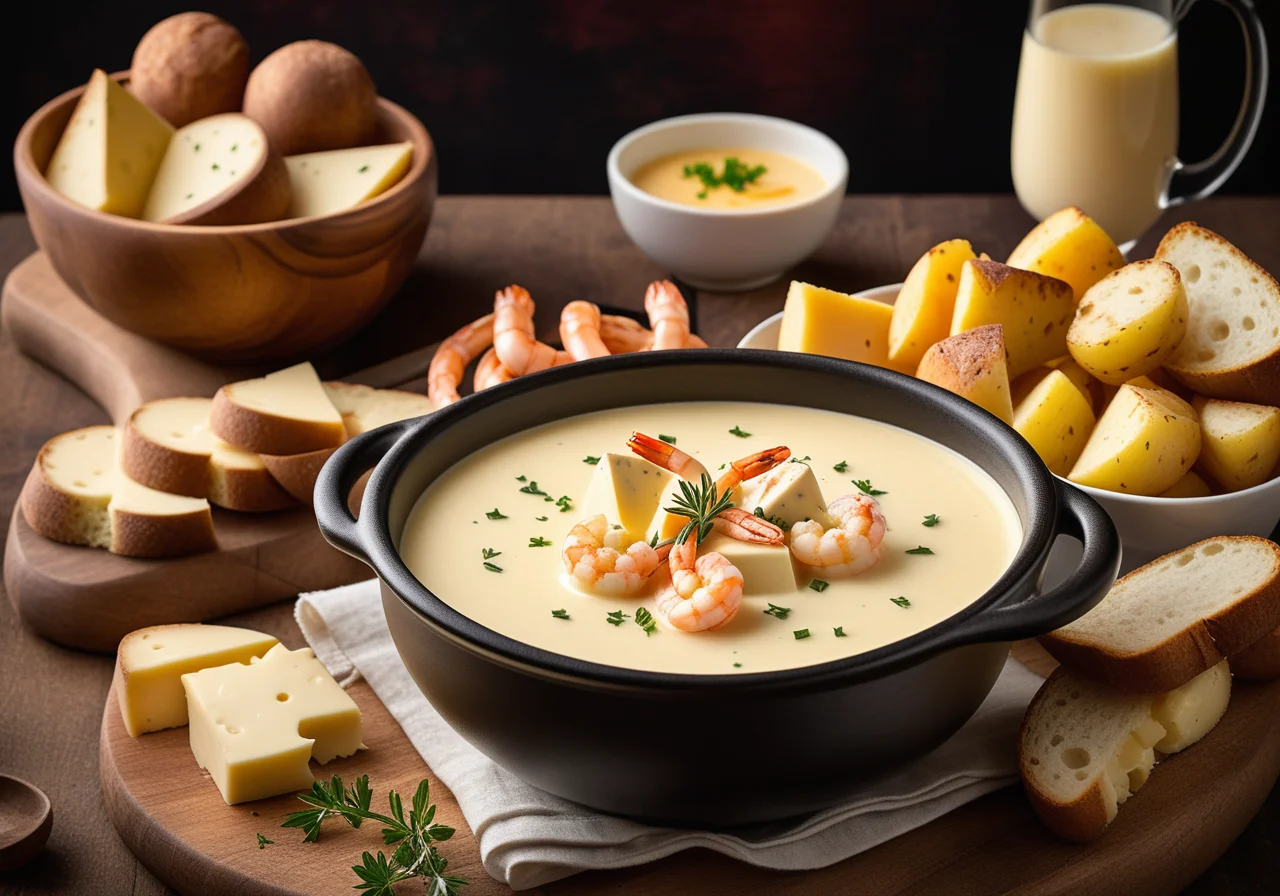 Cheese Fondue with Potatoes, Shrimp and Bread