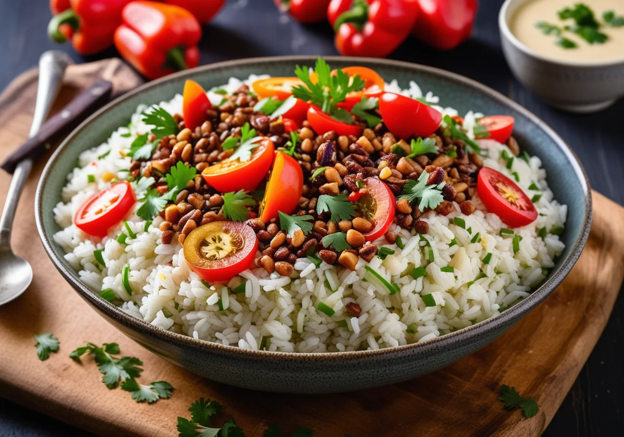 Rice Salad with Lentils, Eggplant and Red Bell Pepper