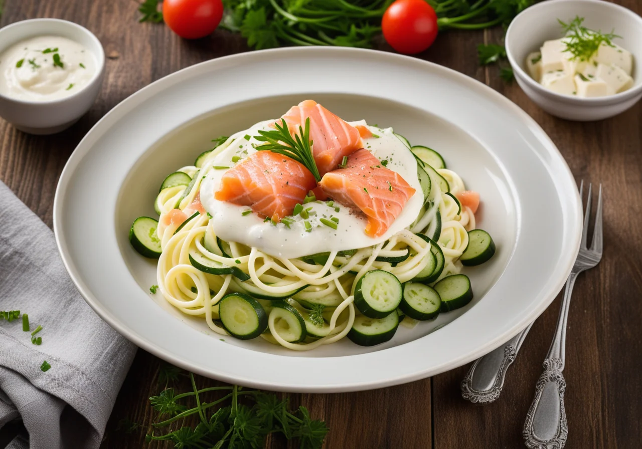 Spaghetti with Zucchini, Salmon, and Mozzarella