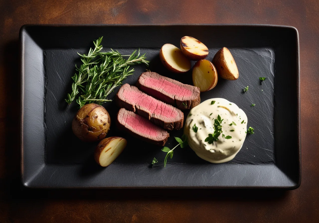 Pan-Seared Steak with Oven Roasted Potatoes and Quark