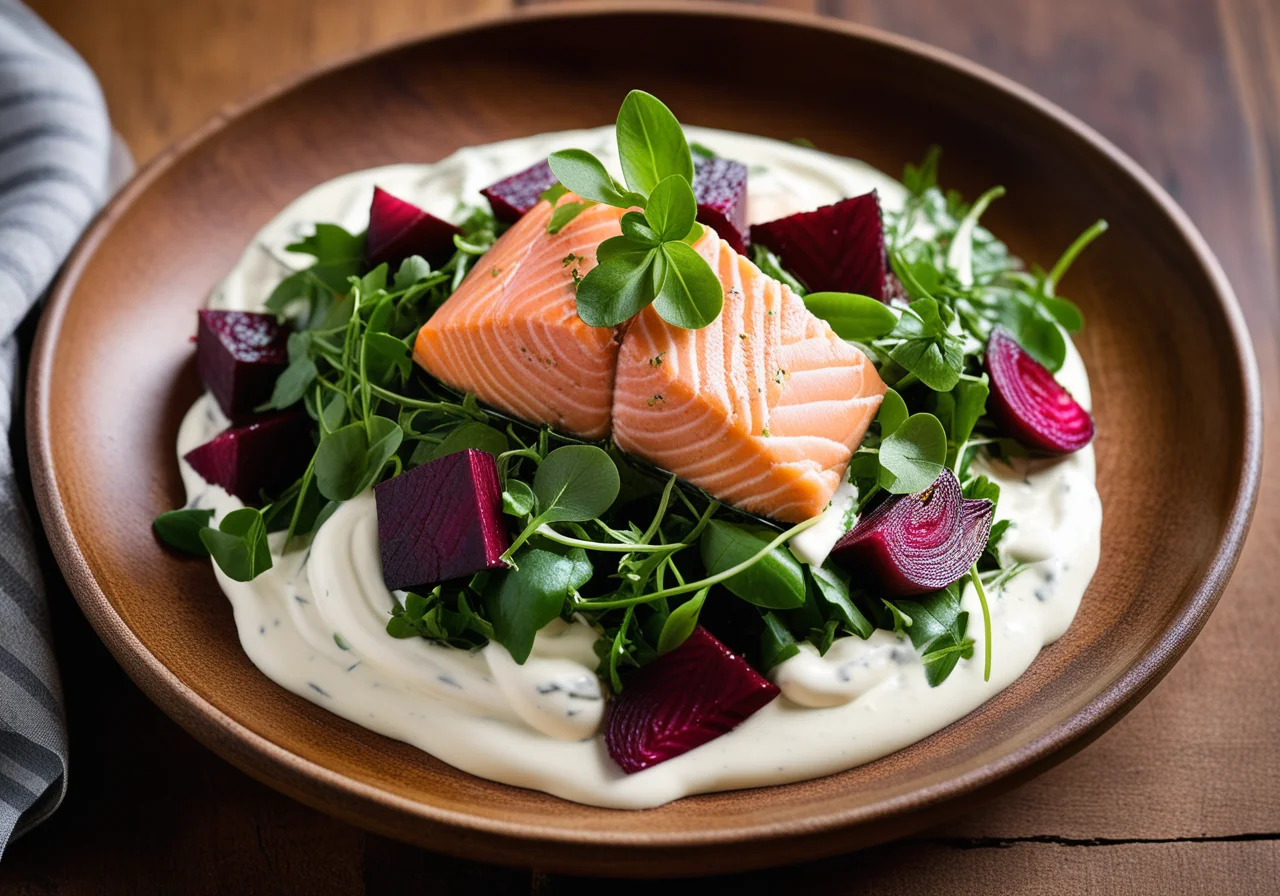 Salad with Salmon and Yogurt Dressing