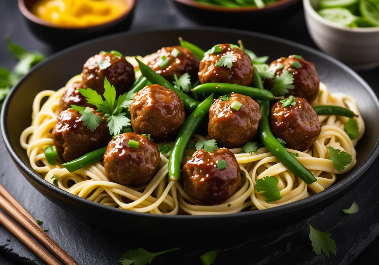 Meatballs with Asian Noodles and Green Beans