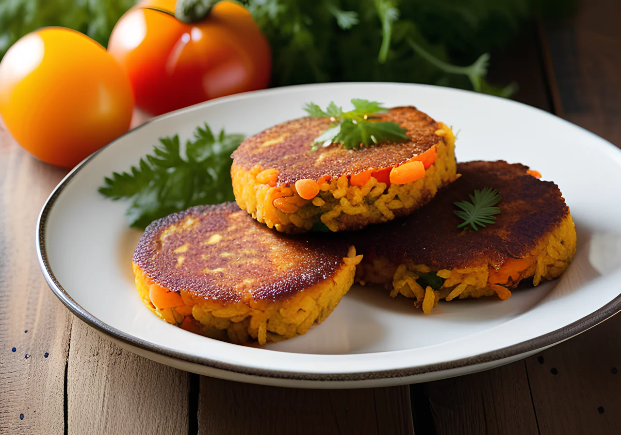 Rice-Carrot Patties on Colorful Tomato Salad