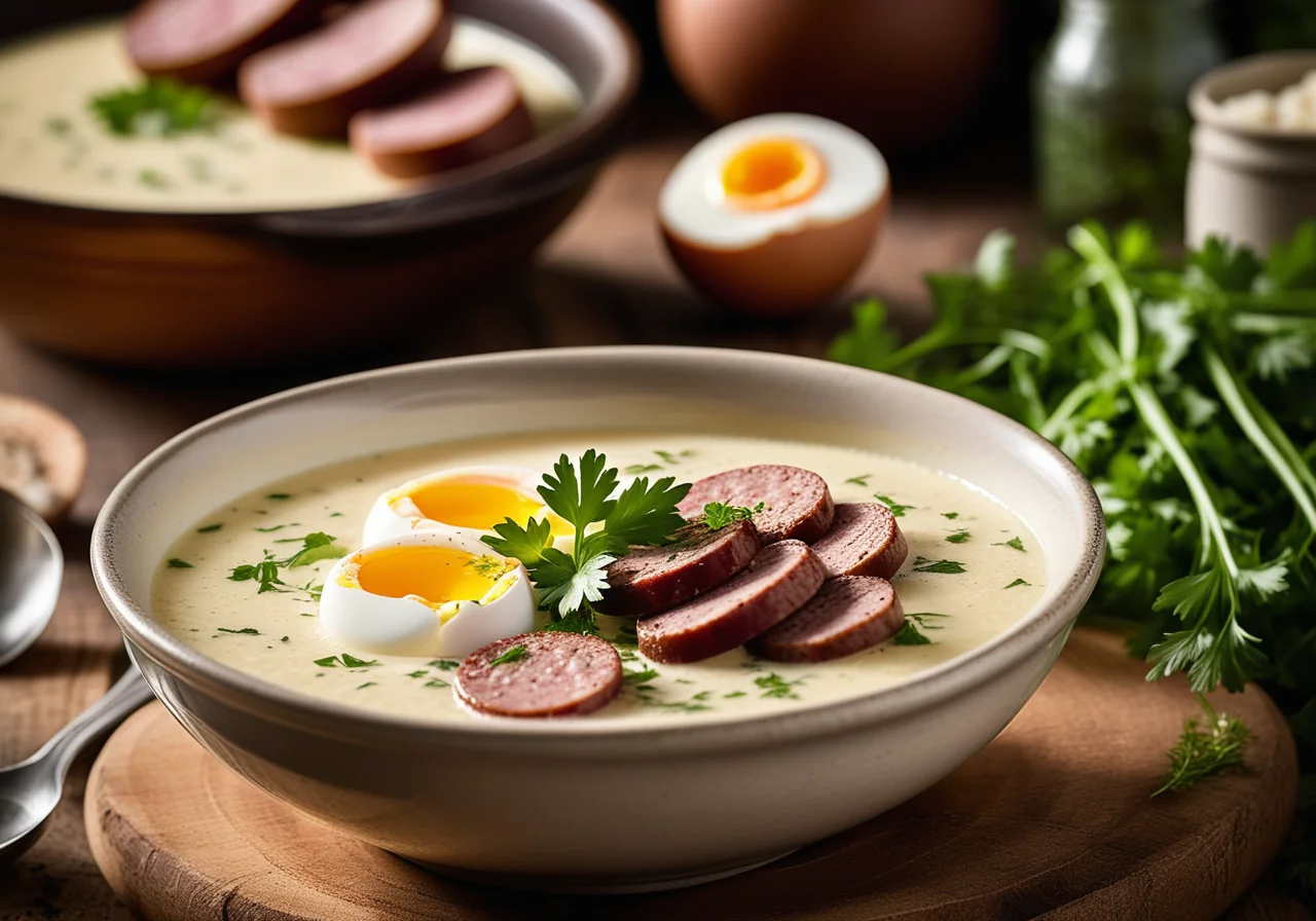 Horseradish Soup with Sausages and Eggs