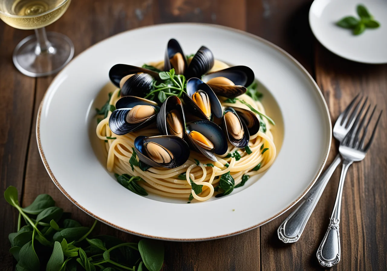 Pasta with heart mussels, chervil and baby spinach