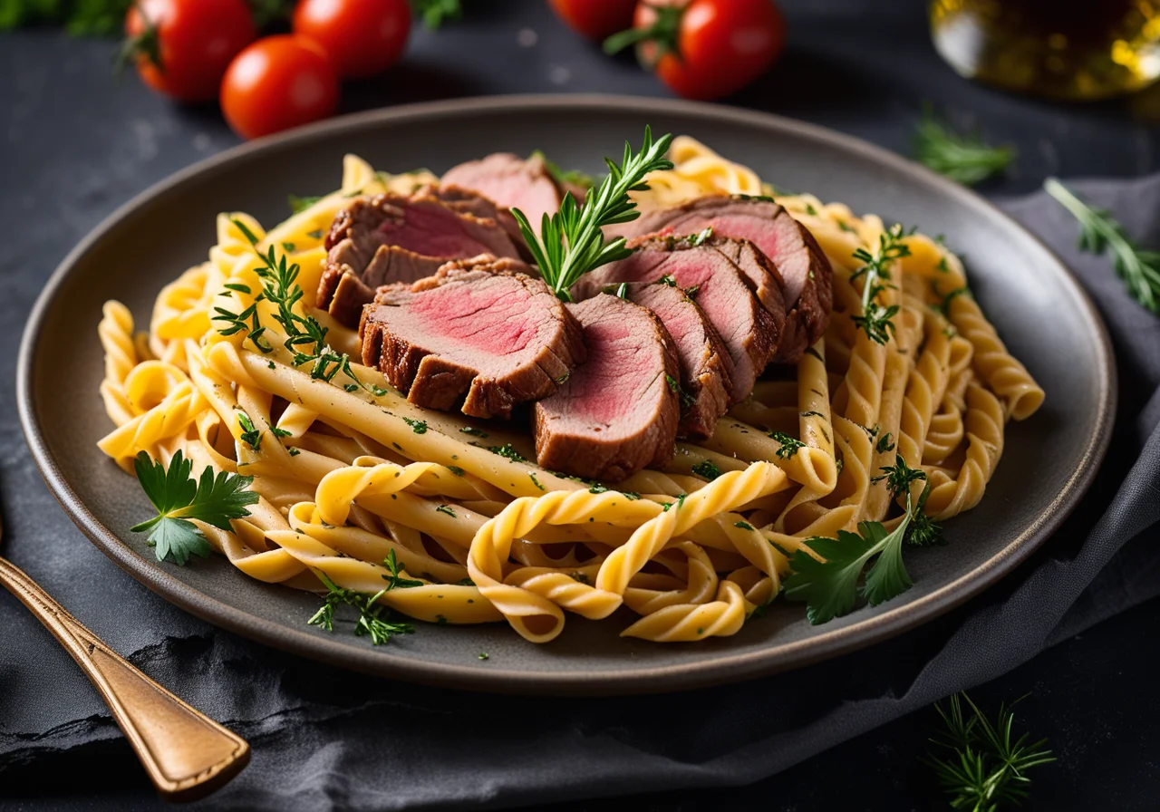 Perlhuhn legs with noodles and herb sauce