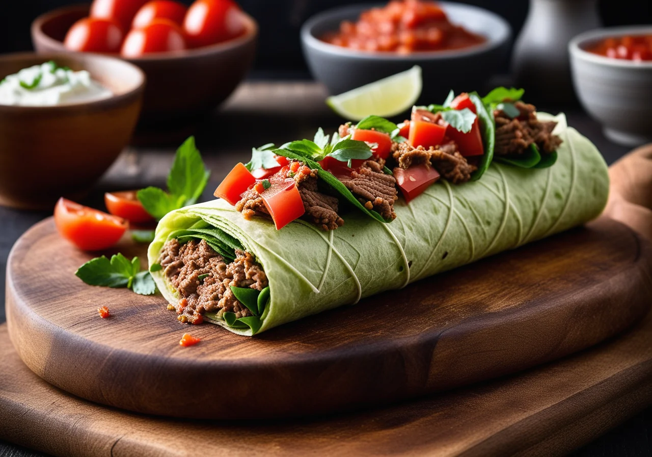 Tortilla filled with lamb and tomato salsa