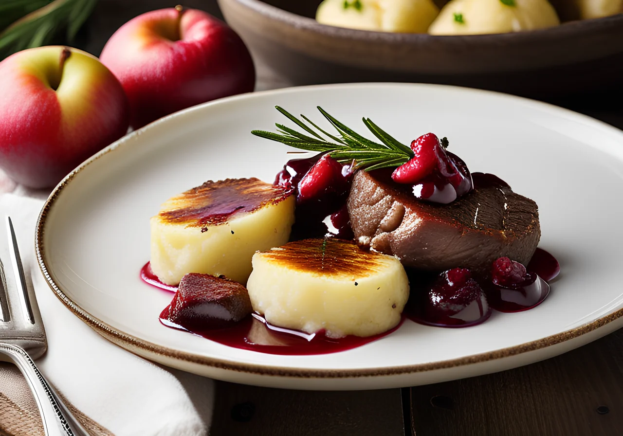 Venison Fillet with Potato Dumplings and Apple with Lingonberry Compote