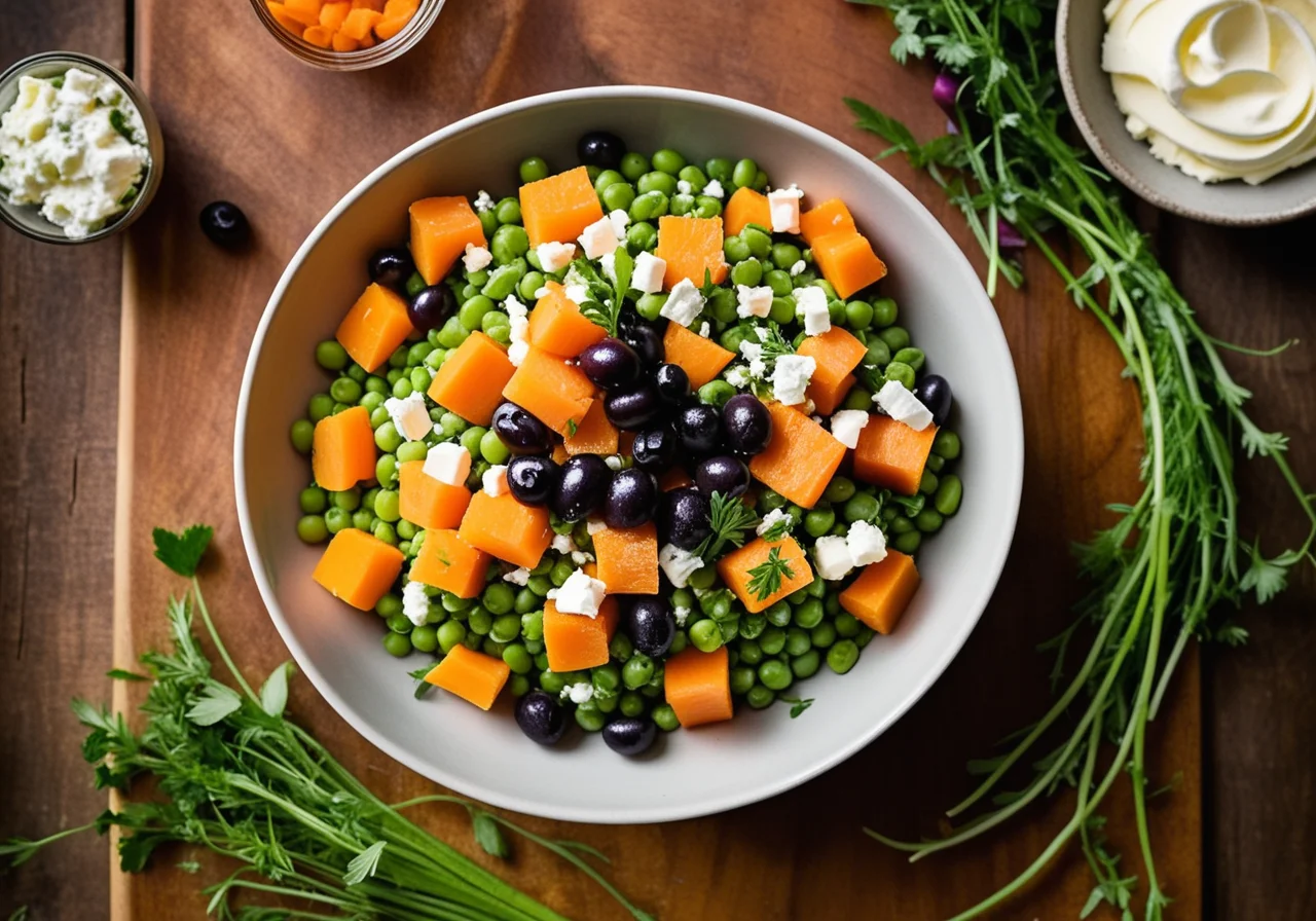 Carrot‑Pea Salad with Sheep Cheese and Olives