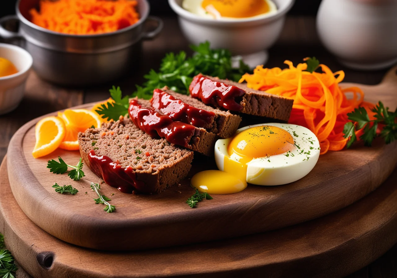 Ground Meat Loaf with Egg, Carrots and Mashed Potatoes