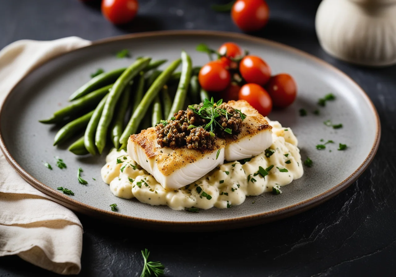 Baked Cod with Tapenade on Potatoes