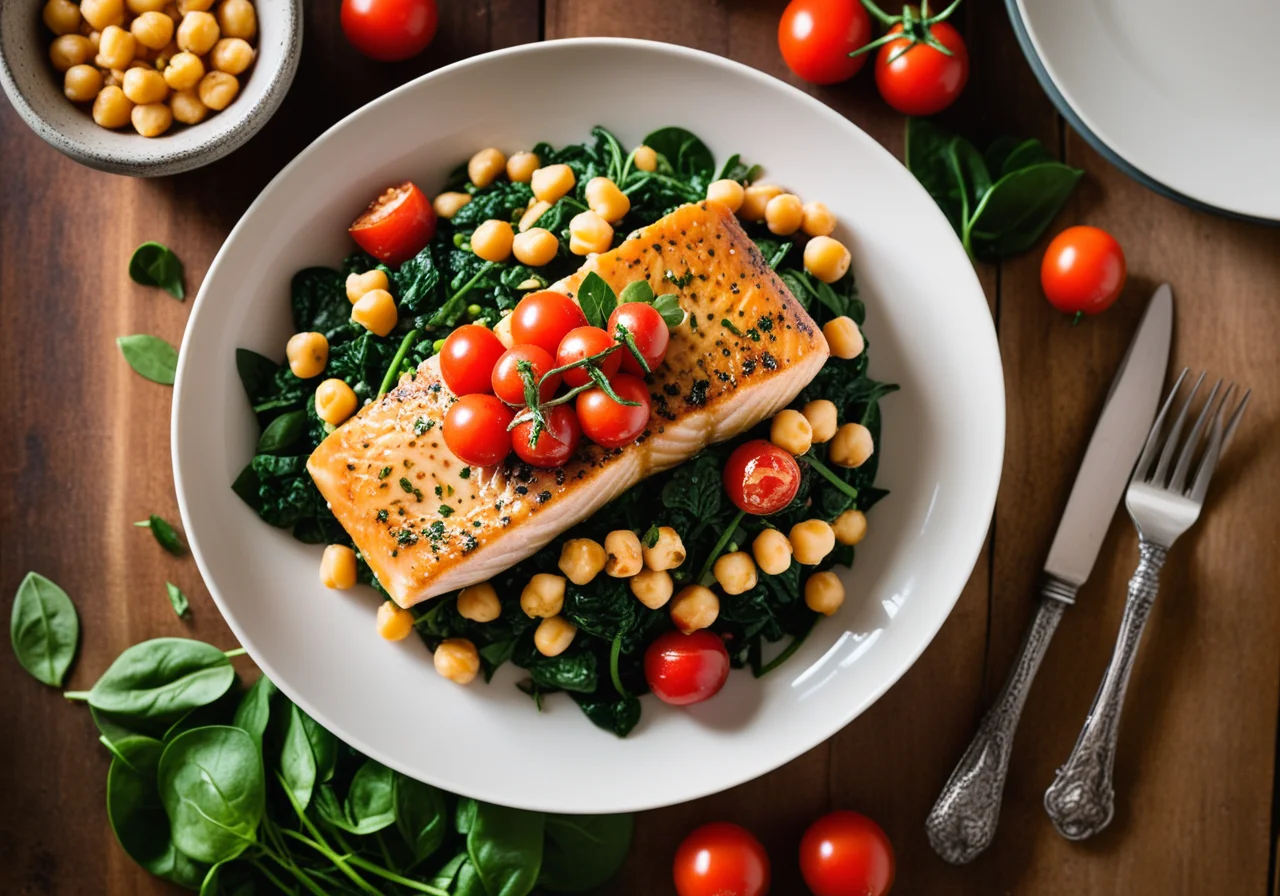 Sea trout on chickpea spinach vegetable
