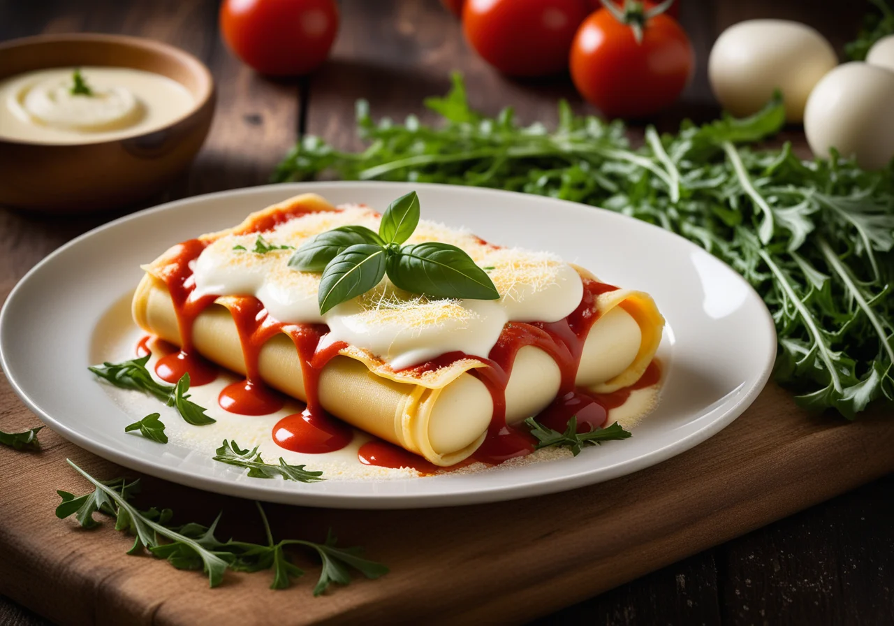 Cannelloni filled with Ricotta-Arugula Cream, baked with Bechamel and Tomato Sauce