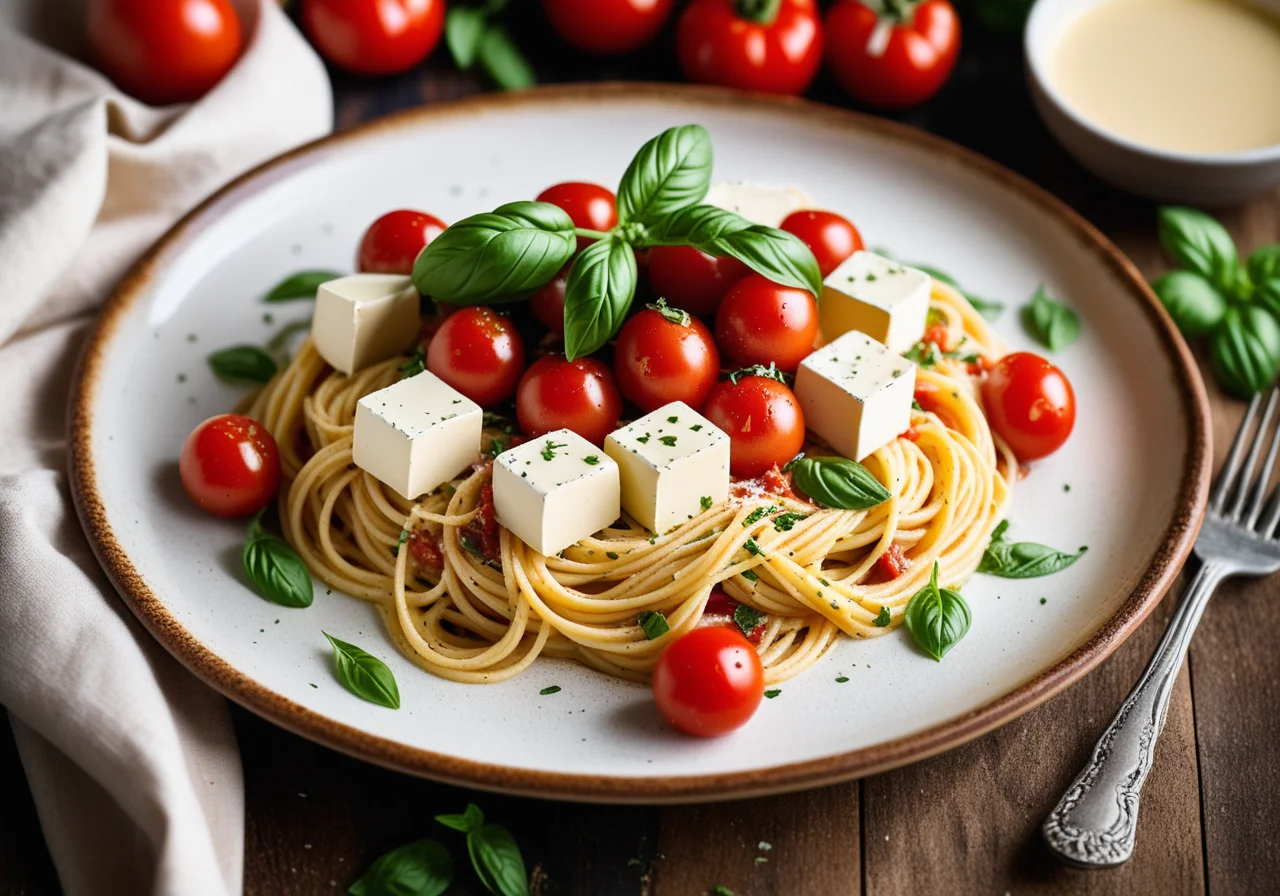 Garlic Spaghetti with Tomato Sauce and Camembert