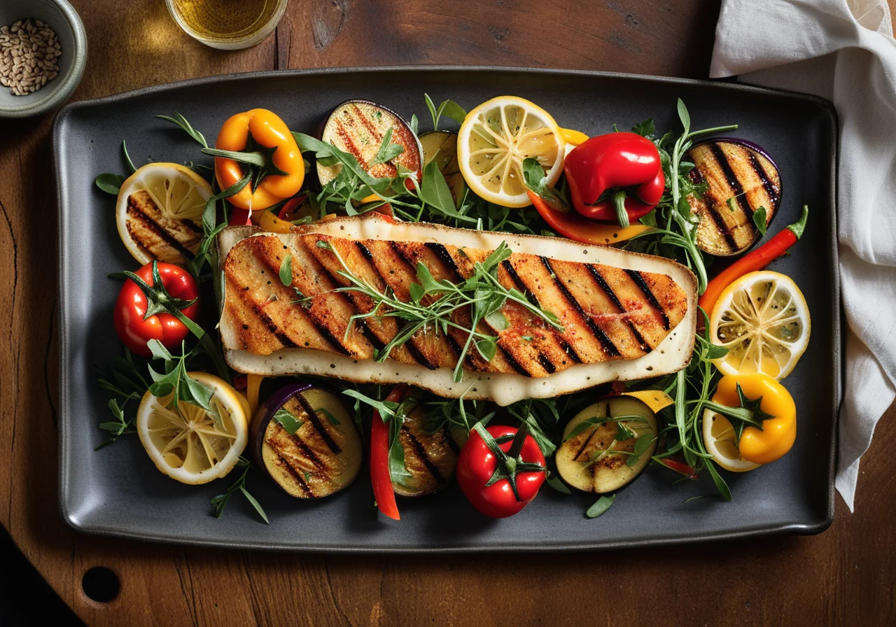Rockfish with Grilled Vegetables and Arugula