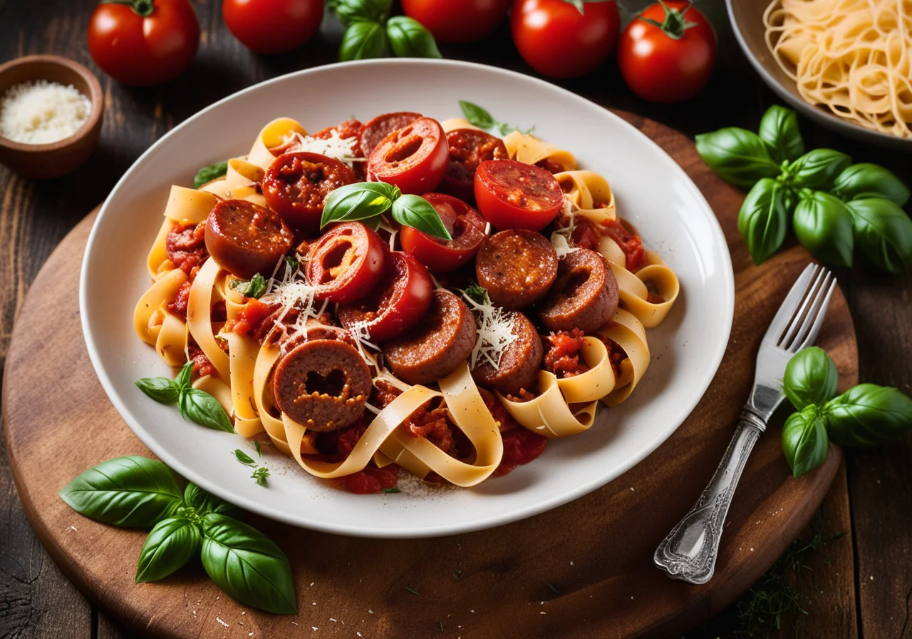 Wide Ribbon Pasta with Sausage Slices
