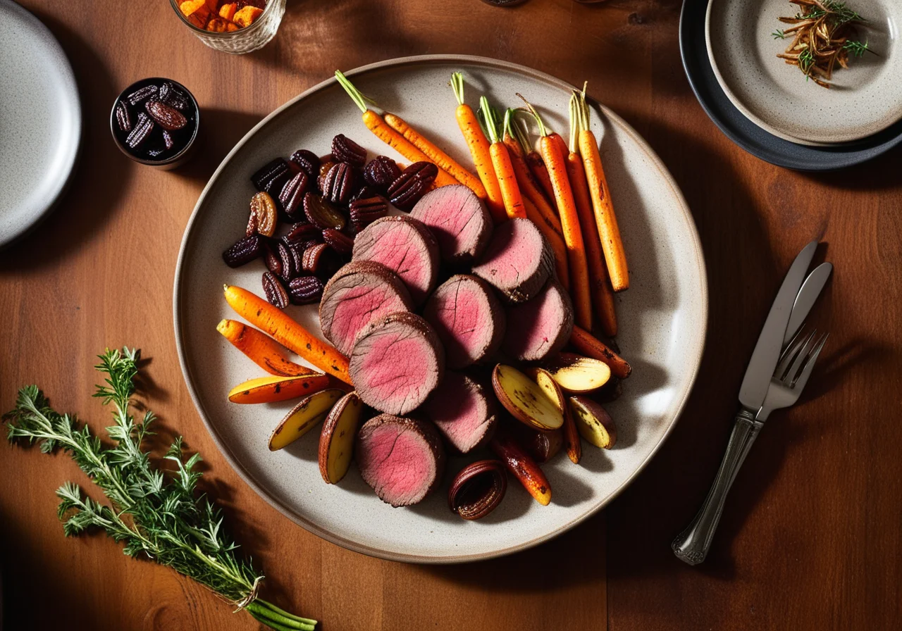 Beef Steaks on Roasted Vegetables with Dates