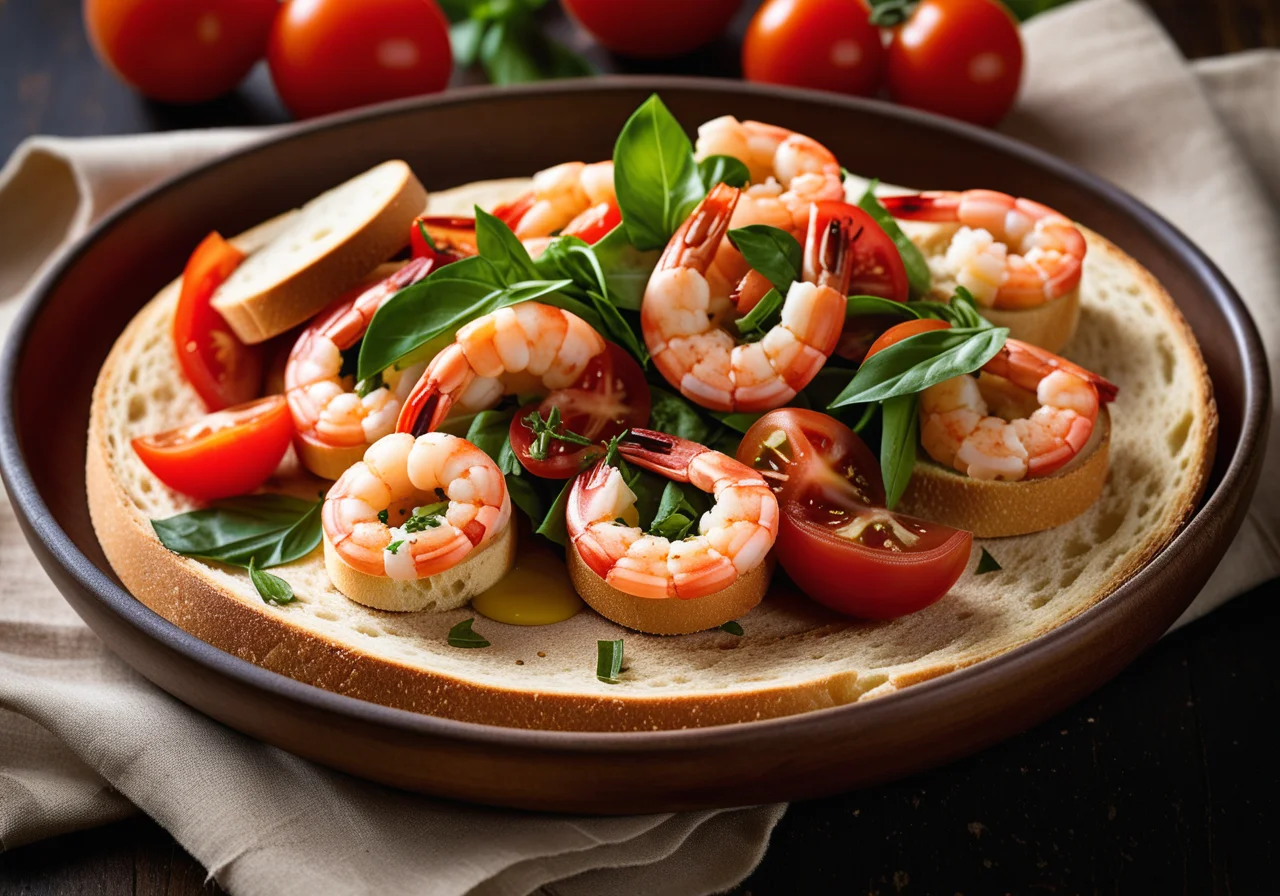 Shrimp Tails with Leek Vegetables on Toasted Bread