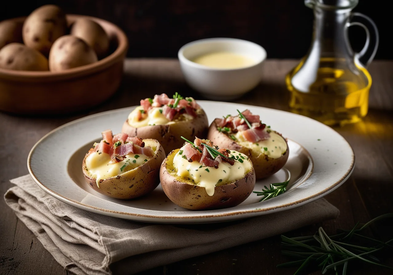 Oven potatoes with garlic cream and pancetta