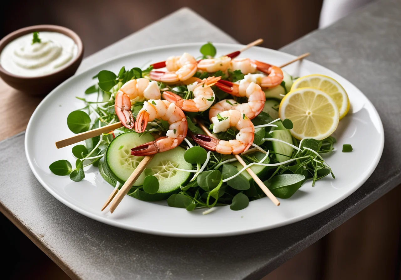 Shrimp Tails with Watercress Cucumber Salad