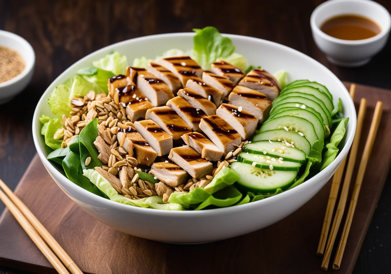 Asian-style chicken salad with green vegetables and satay sauce