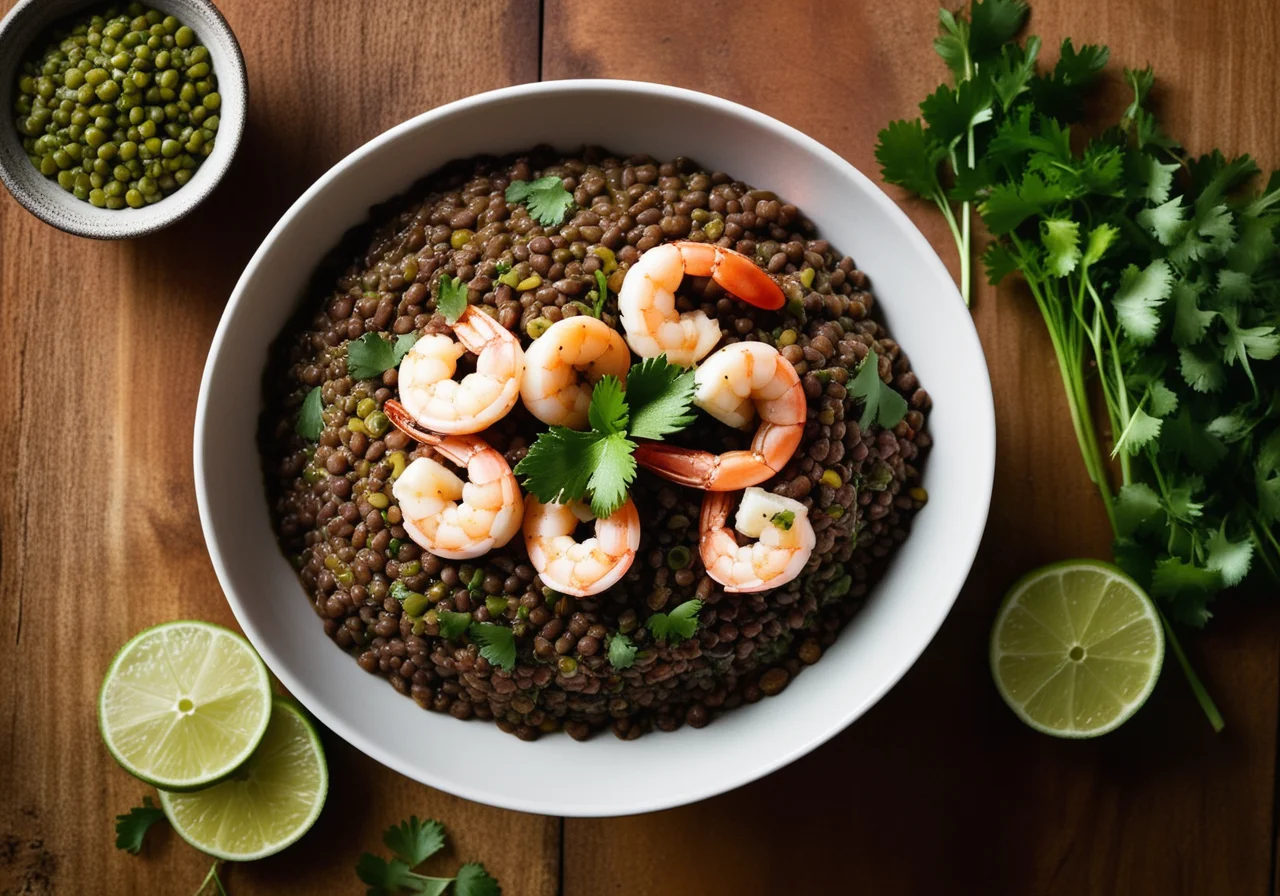 Beluga lentils with shrimp tails