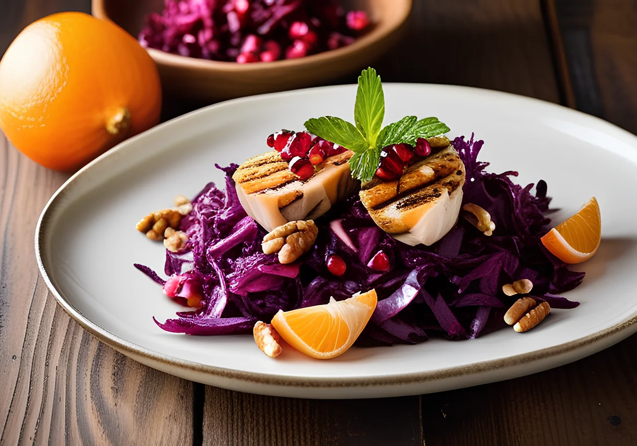 Red Cabbage Salad with Chicken Skewers