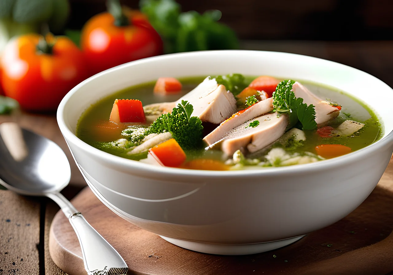Chicken Soup with Vegetables, Pasta and Green Pesto