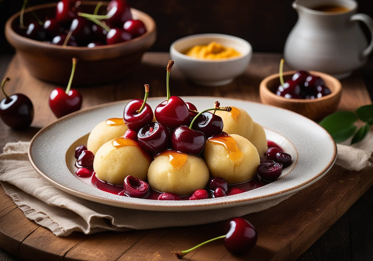 Sweet Semolina Dumplings with Cherry Compote