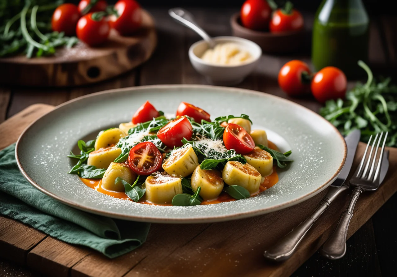 Gnocchi with Arugula Sauce and Braised Tomatoes