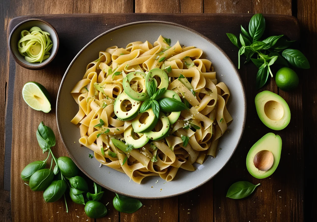 Pan Pasta with Onion Avocado Salad