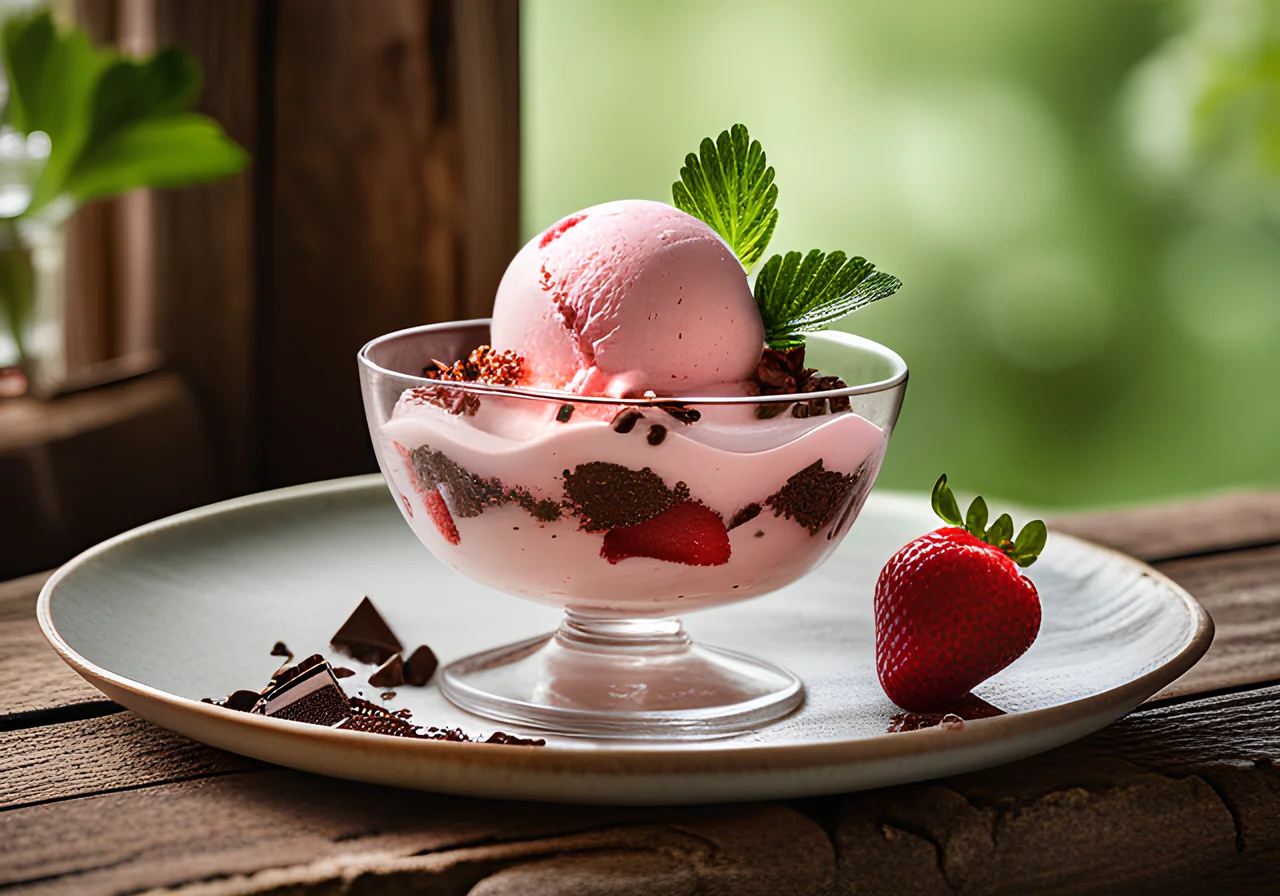 Strawberry Ice Cream with Yogurt Cream and Chocolate